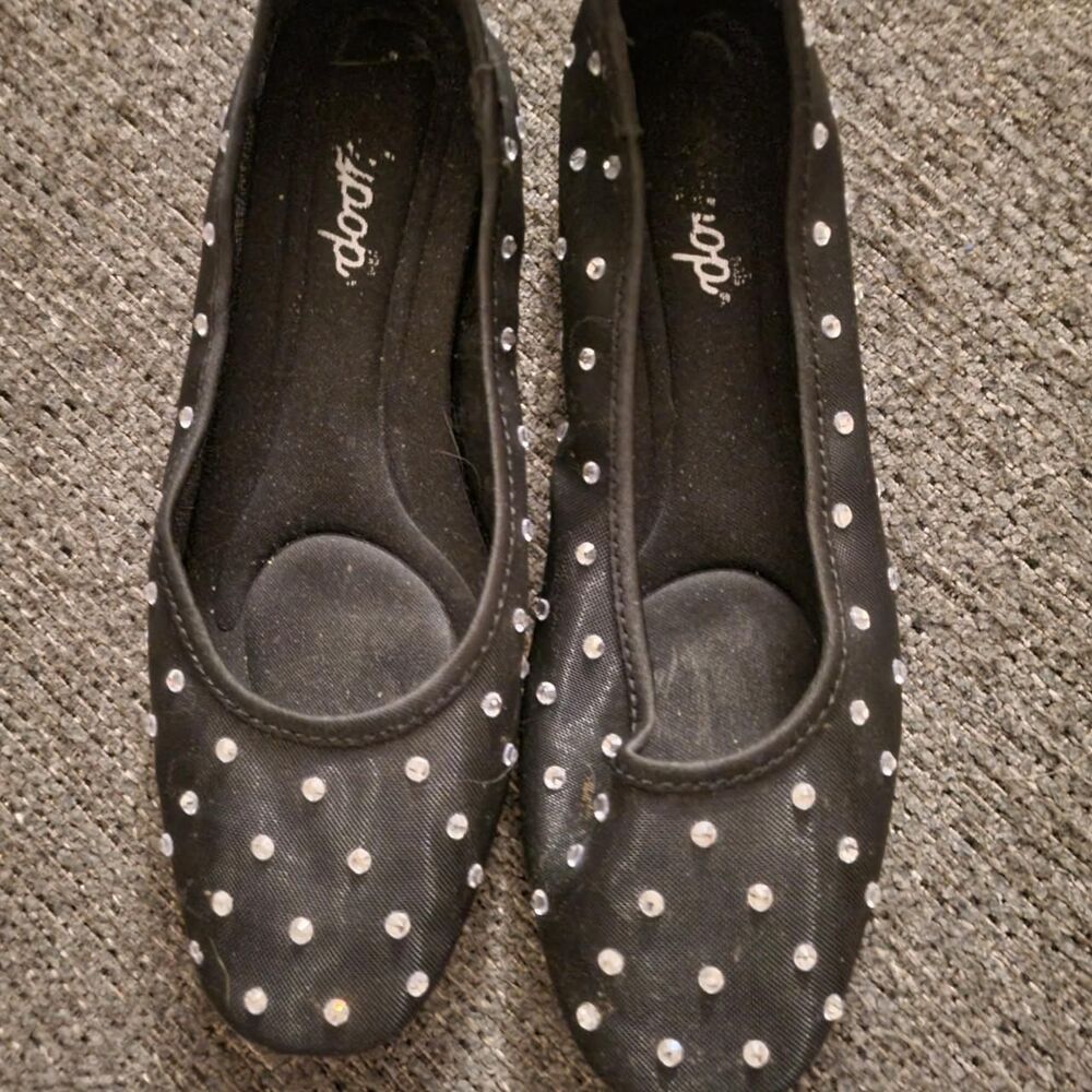 Women's Black Ballet Flats with Rhinestones 8.5